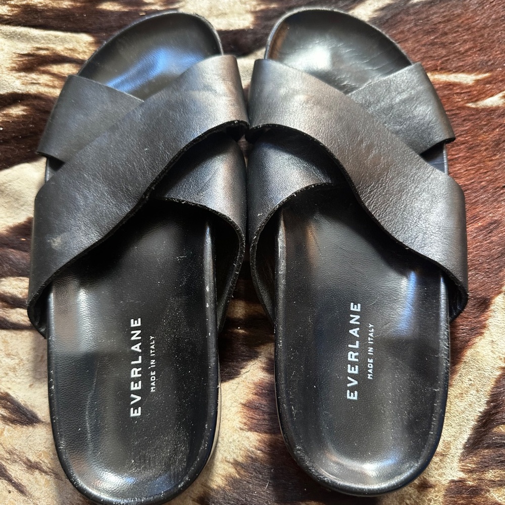 Everlane Women Crisscross Leather Black Slide Flats Sandals Shoes Sz 9 - Picture 2 of 3